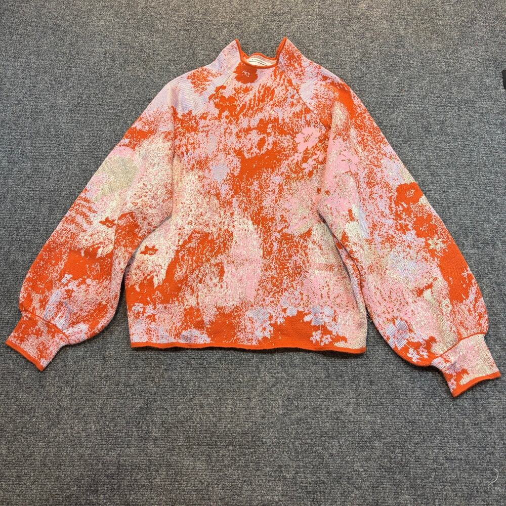 Anthropologie Beatriz Orange Pink Mock Neck Metallic Pullover Knit Sweater Small